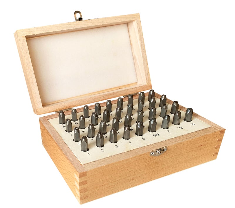 HimaPro Letter and Number Stamp Set 36pcs 40Cr Alloy Steel Metal Stamp Number & Letter Punch Set in a Wooden case (4mm 5/32 Inch) - Image 1